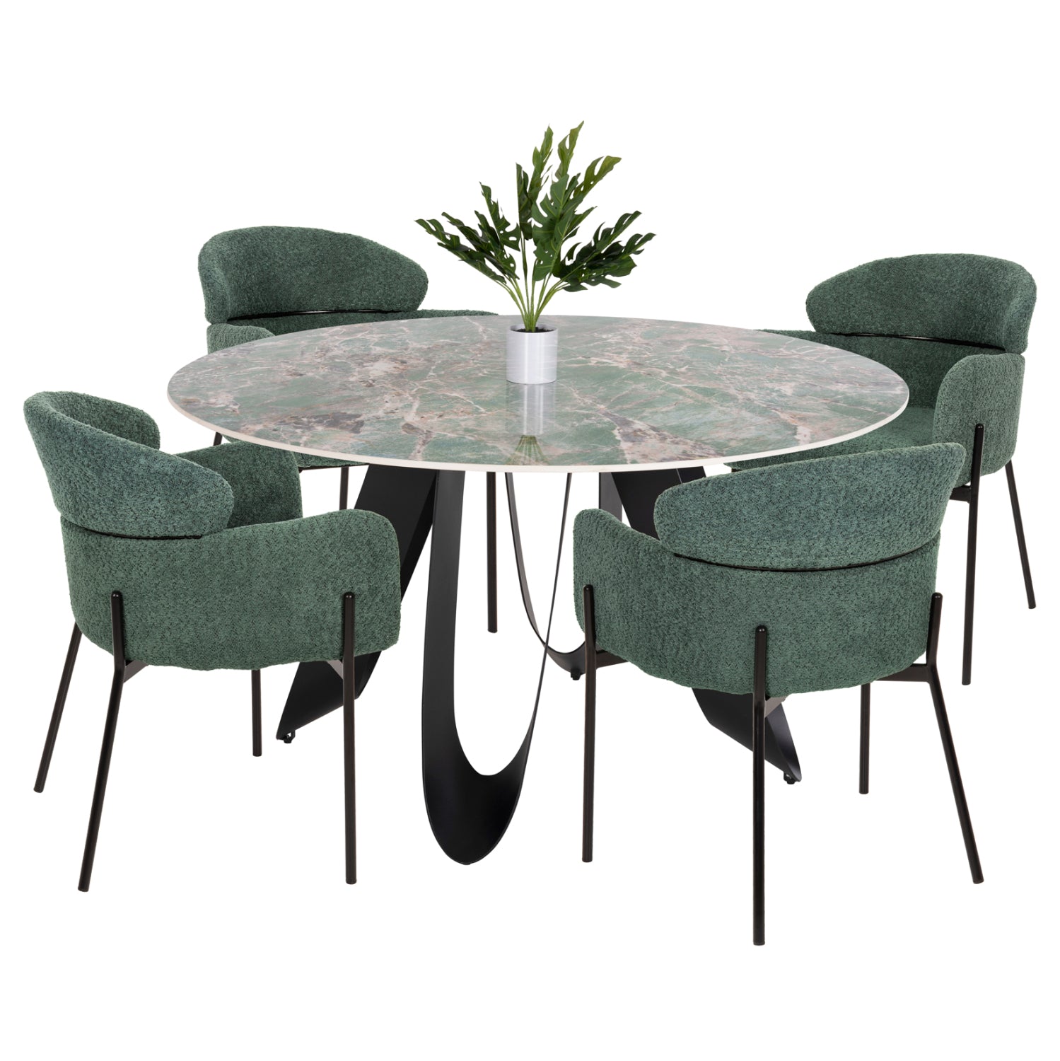 INDOOR DINING SET 5PCS ZOD HM21045 ROUND TABLE WITH CERAMIC TOP-4 ARMCHAIRS IN PETROL GREEN image 1