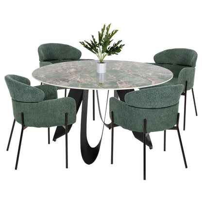INDOOR DINING SET 5PCS ZOD HM21045 ROUND TABLE WITH CERAMIC TOP-4 ARMCHAIRS IN PETROL GREEN image 1