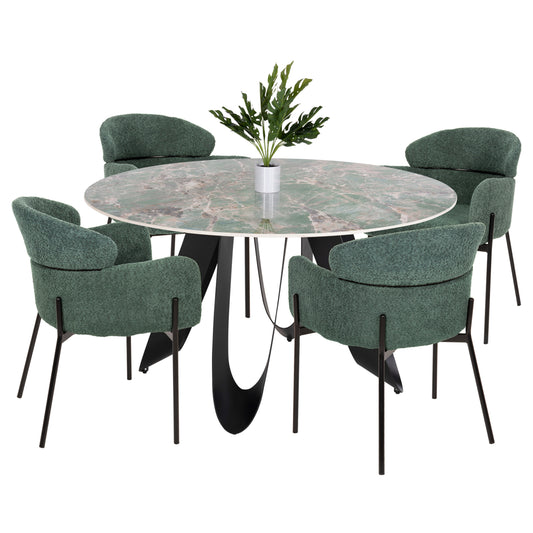 INDOOR DINING SET 5PCS ZOD HM21045 ROUND TABLE WITH CERAMIC TOP-4 ARMCHAIRS IN PETROL GREEN image 1