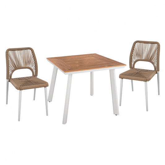 DINING SET 3PCS WHITE TABLE 80x80 AND CHAIR WITH ROPE HM11536.01 image 1
