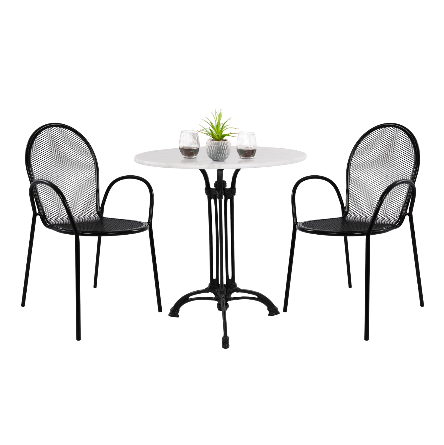 OUTDOOR DINING SET HM11881 3PCS ROUND TABLE WITH WHITE MARBLE-BLACK METAL ARMCHAIRS image 1