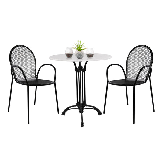 OUTDOOR DINING SET HM11881 3PCS ROUND TABLE WITH WHITE MARBLE-BLACK METAL ARMCHAIRS image 1