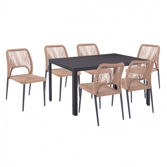 DINING SET 7 PCS GRAY TABLE 150X90 AND CHAIR WITH ROPE HM11526.01 image 1