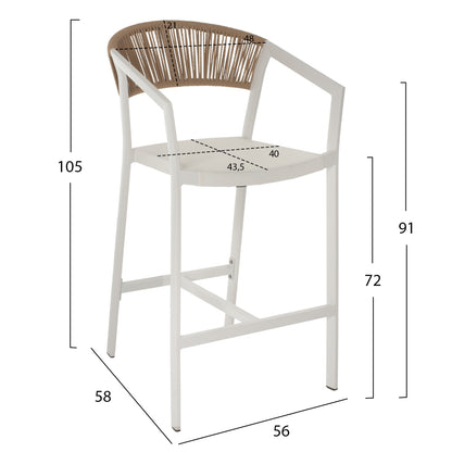 BAR STOOL ALUMINUM WITH ARMS WHITE PE RATTAN BACK TEXTLINE SEAT 56x58x105Hcm.HM5892.02