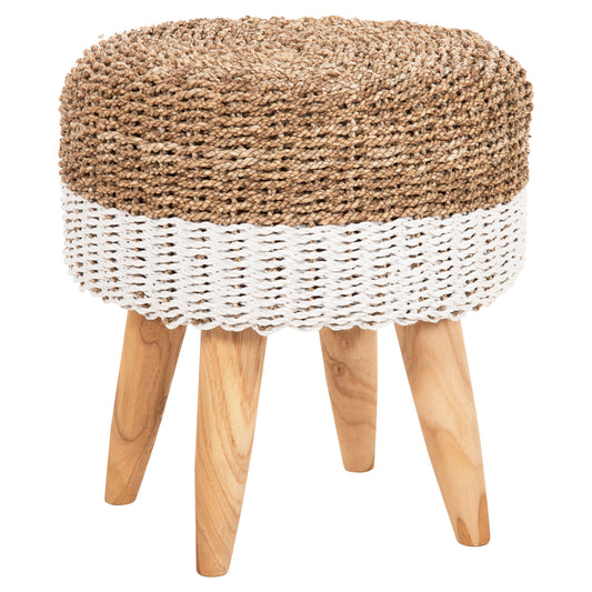 STOOL BEAM HM7827.01 TEAK WOOD AND SEAGRASS RUSH IN NATURAL & WHITE Φ42x46Hcm. image 1