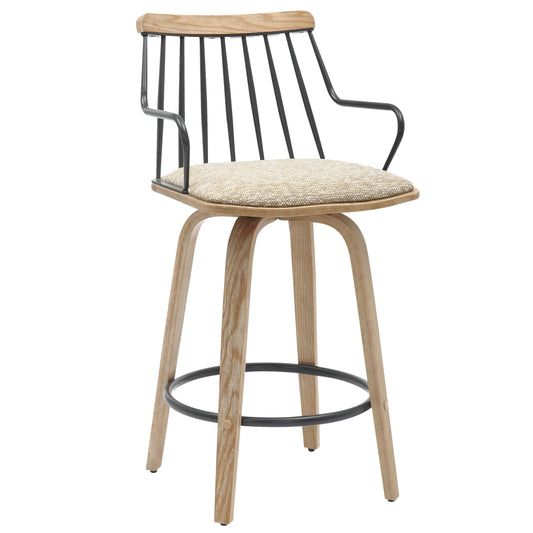 BAR STOOL JUDI HM9985.01 PLYWOOD IN WHITEWASH-BLACK METAL-BEIGE FABRIC 48x52x92Hcm. image 1