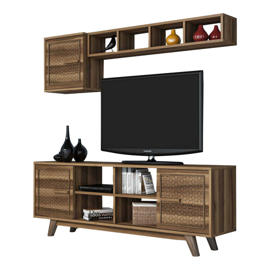 TV FURNITURE SET HM9513.01 MELAMINE IN WALNUT COLOR 160x35x56.2Hcm. image 1