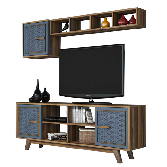 TV FURNITURE SET HM9513.02 MELAMINE IN WALNUT AND BLUE COLOR 160x35x56.2Hcm. image 1