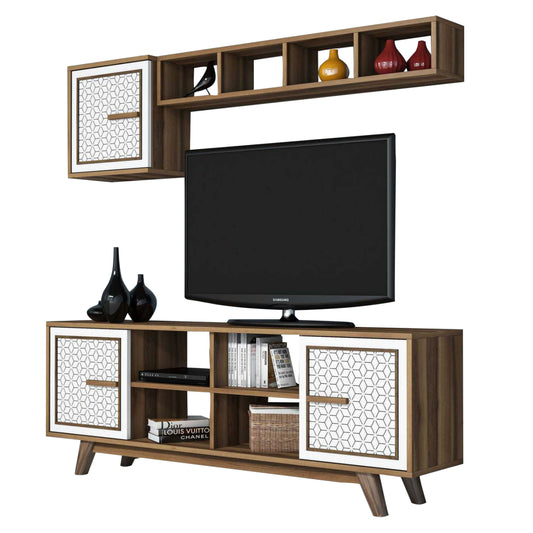 TV FURNITURE SET HM9513.03 MELAMINE IN WALNUT AND WHITE 160x35x56.2Hcm. image 1