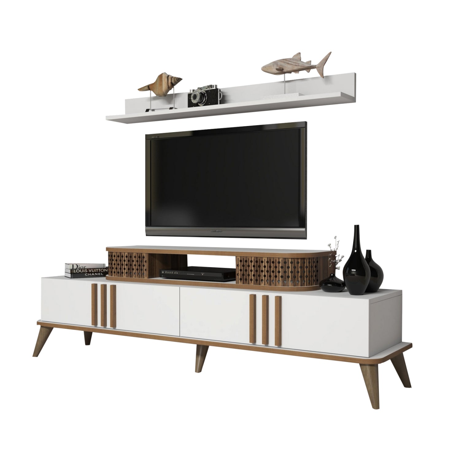 TV COMBO FURNITURE HM9515.03 MELAMINE IN WHITE & WALNUT COLOR 168x39x51.6Hcm image 1