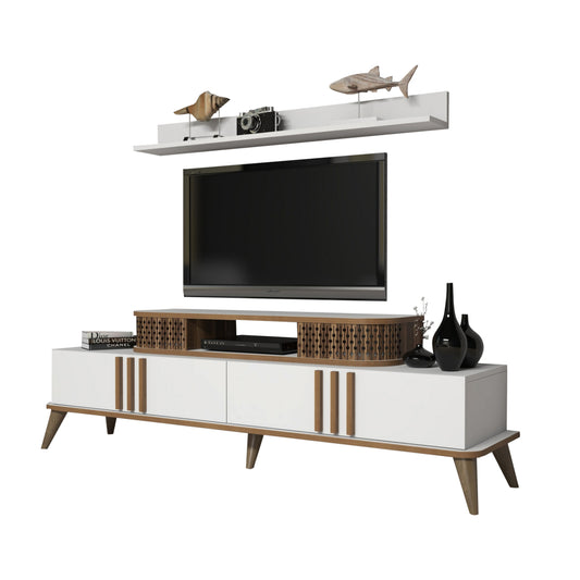 TV COMBO FURNITURE HM9515.03 MELAMINE IN WHITE & WALNUT COLOR 168x39x51.6Hcm image 1
