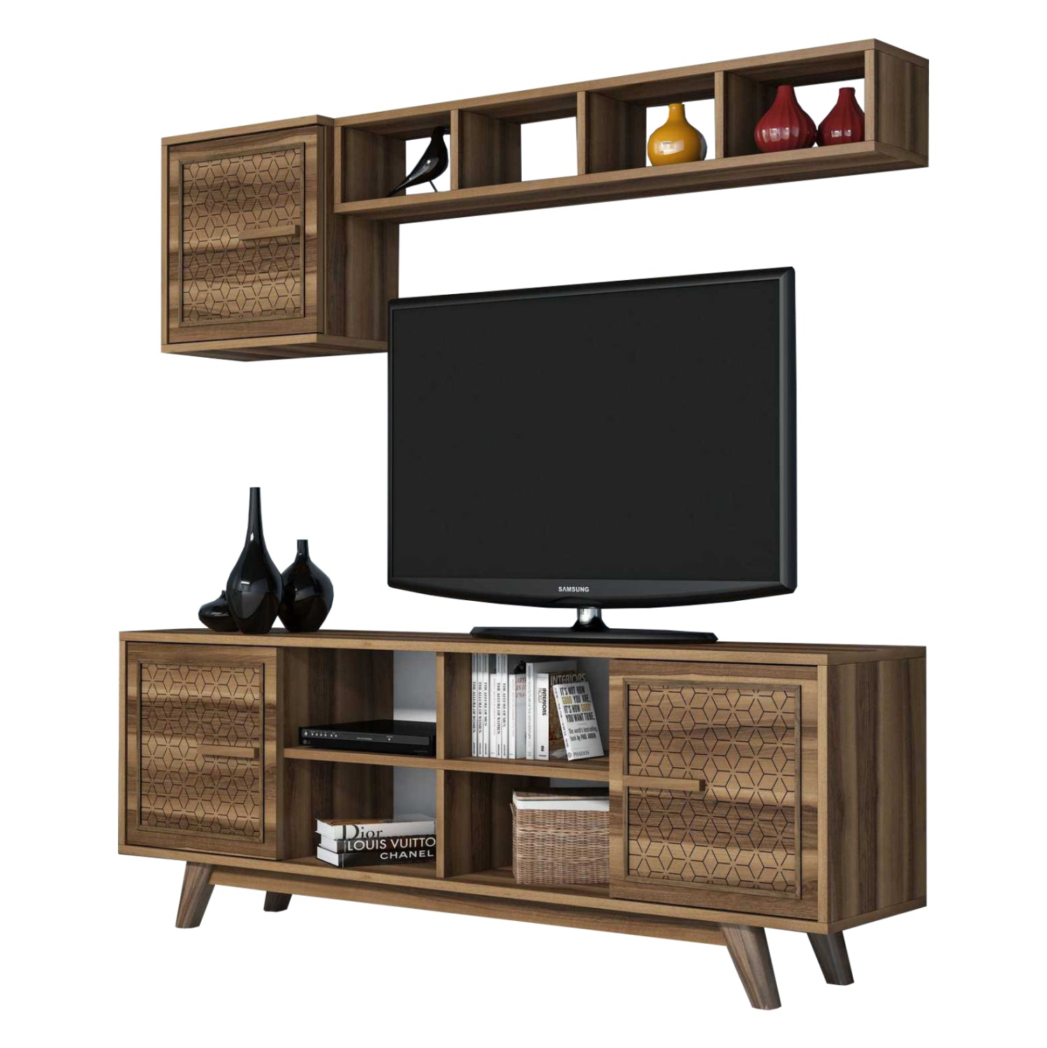 TV COMBO FURNITURE HM9516.01 MELAMINE IN WALNUT COLOR 160x35x56.2Hcm. image 1