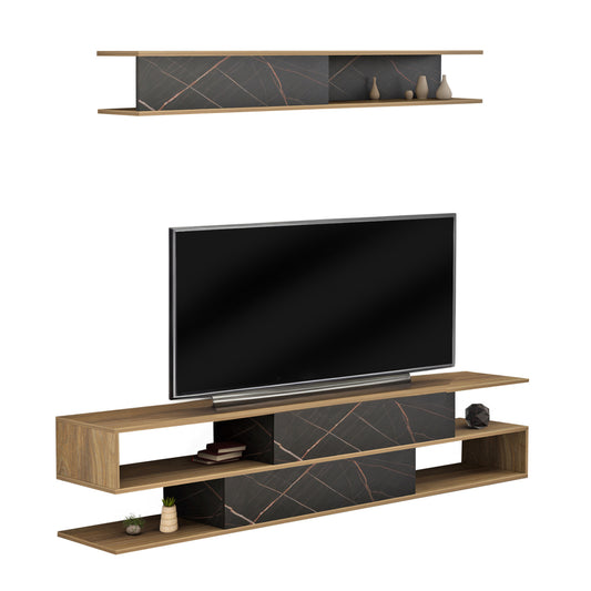 TV FURNITURE SET BIRGITTA HM8903.12 MELAMINE IN NATURAL-BLACK MARBLE 181x31,5x39,6Hcm. image 1