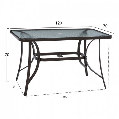 OUTDOOR TABLE BROWN METAL GLASS TOP WITH UMBRELLA HOLE 120Χ70Χ72Hcm.HM5021.12