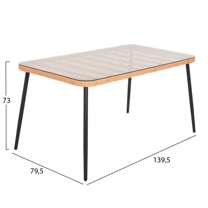 DINING TABLE RECTANGULAR ALLEGRA HM5537.11 BLACK METAL-P.E. RATTAN IN NATURAL 139,5x79,5x73Hcm.
