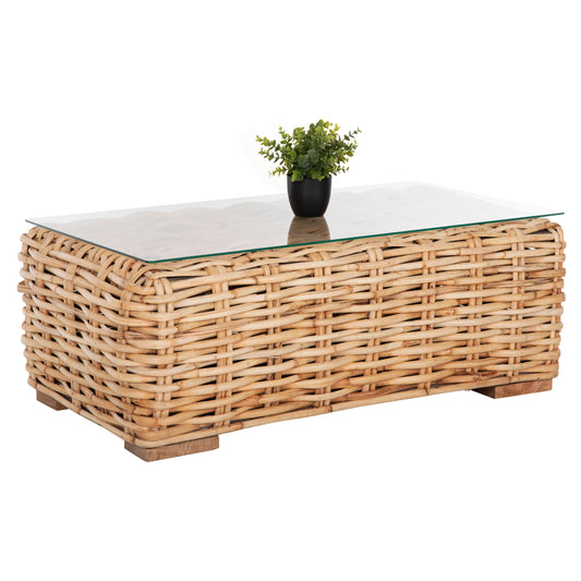 OUTDOOR COFFEE TABLE TROPEL HM9811 MANGO WOOD-NATURAL RATTAN-SAFETY GLASS 110x60x40Hcm. image 1