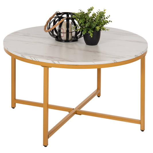 COFFEE TABLE HM9420.01 MELAMINE WHITE MARBLE-GOLD METAL LEGS Φ80x48,5Hcm. image 1