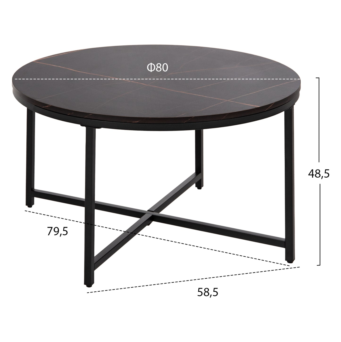 Кафе маса с черен мраморен плот и метални крака Φ80x48,5Hcm