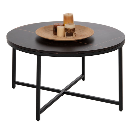 COFFEE TABLE HM9420.03 MELAMINE BLACK MARBLE-BLACK METAL LEGS Φ80x48,5Hcm. image 1