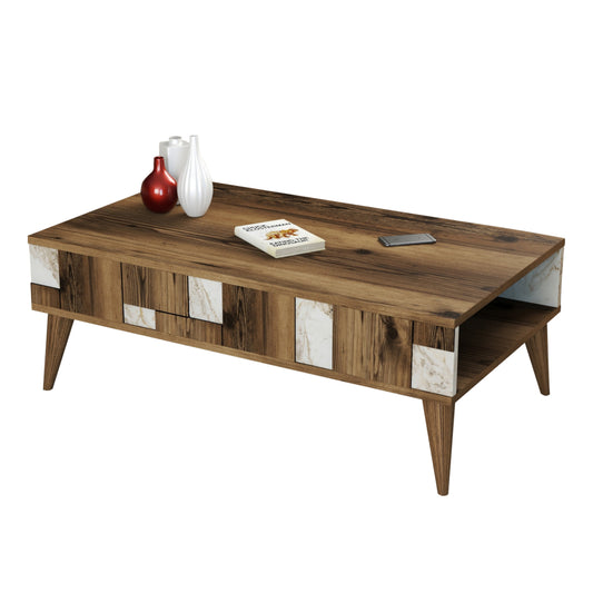 COFFEE TABLE HM9504.03 MELAMINE IN WALNUT-WHITE MARBLE LOOK 105x60x37.6Hcm. image 1