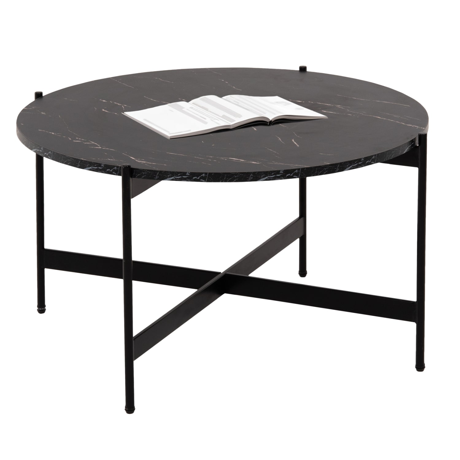 COFFEE TABLE HM9588.01 MDF BLACK MARBLE TABLETOP-BLACK METAL BASE Φ80x45Hcm. image 1