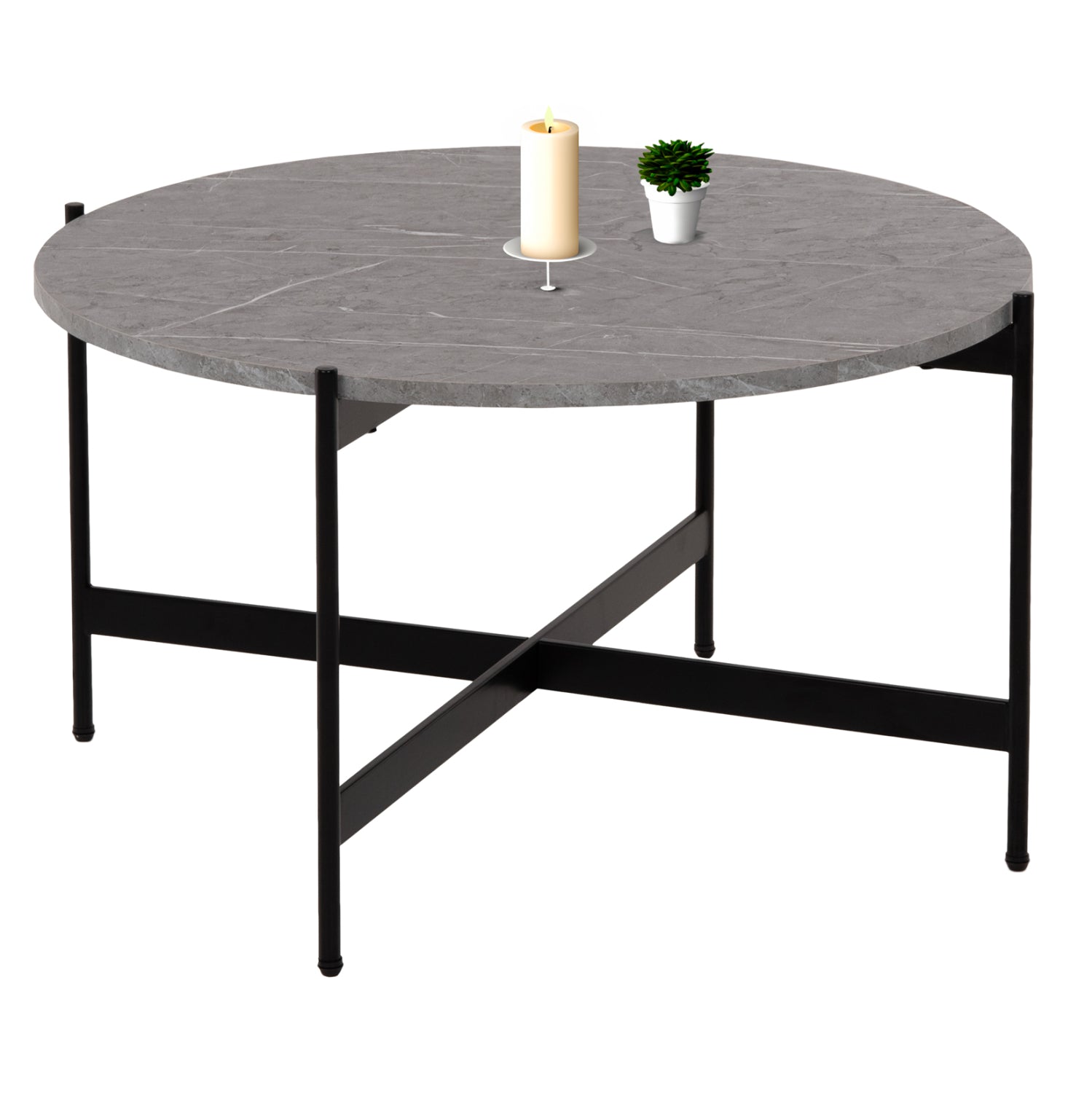 COFFEE TABLE HM9588.02 MDF GREY MARBLE TABLETOP-BLACK METAL BASE Φ80x45Hcm. image 1