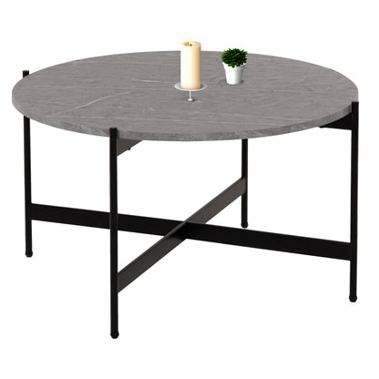 COFFEE TABLE HM9588.02 MDF GREY MARBLE TABLETOP-BLACK METAL BASE Φ80x45Hcm. image 1