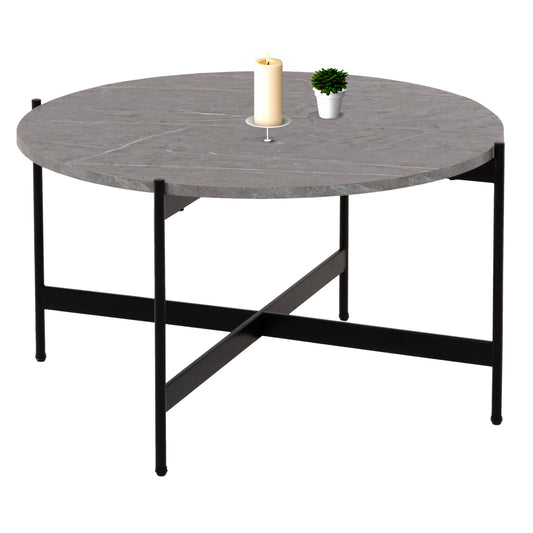COFFEE TABLE HM9588.02 MDF GREY MARBLE TABLETOP-BLACK METAL BASE Φ80x45Hcm. image 1