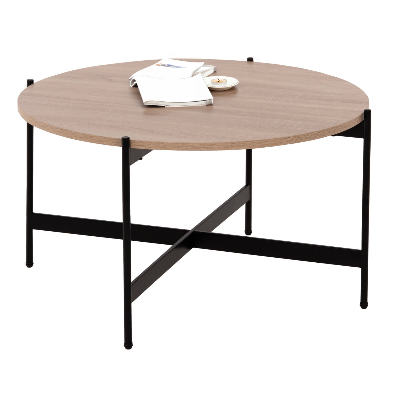 COFFEE TABLE HM9588.03 MDF SONOMA TABLETOP-BLACK METAL BASE Φ80x45Hcm. image 1