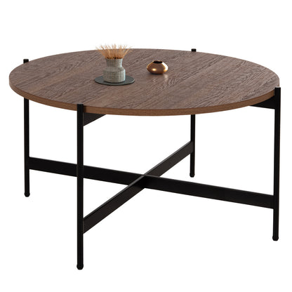 COFFEE TABLE HM9588.04 MDF WHITE WALNUT TABLETOP-BLACK METAL BASE Φ80x45Hcm. image 1