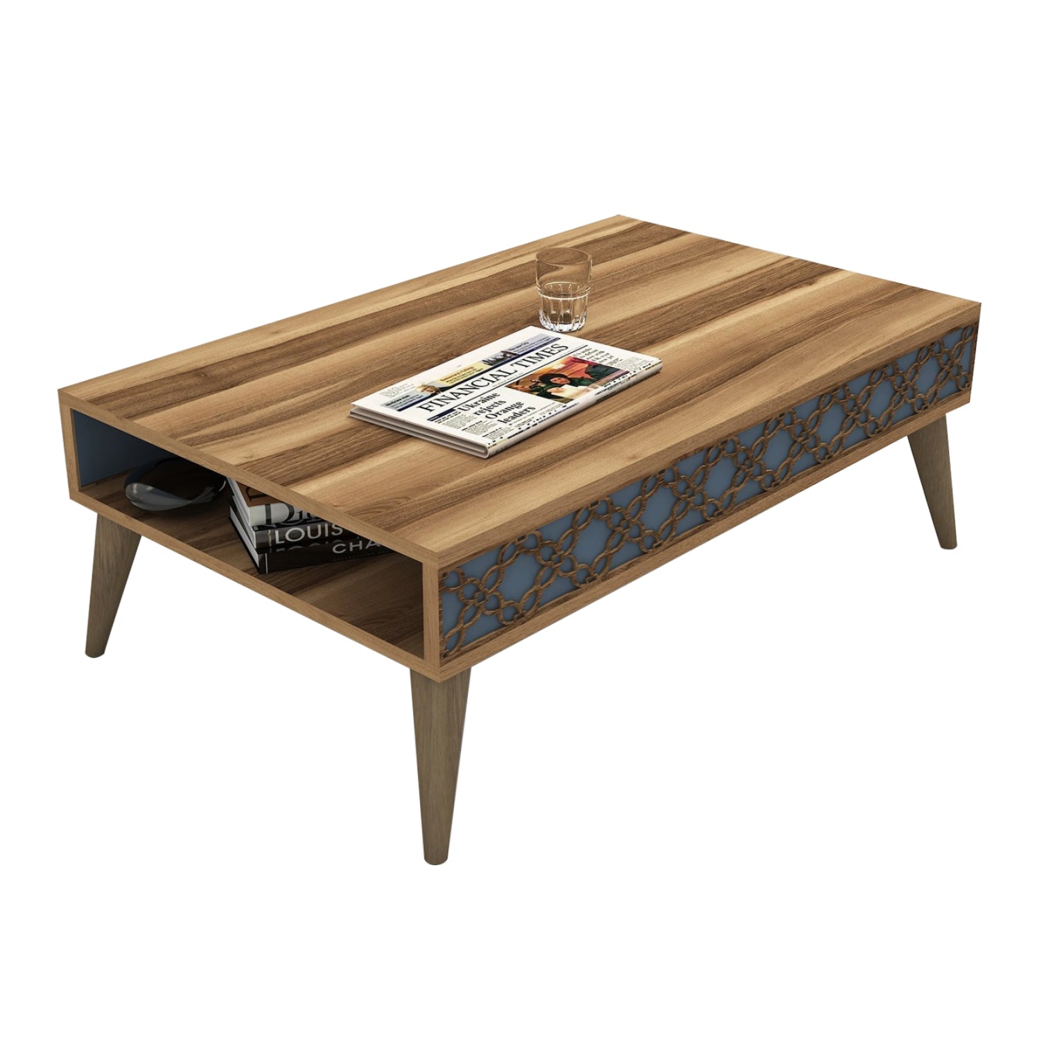 COFFEE TABLE MELAMINE HM9499.02 WALNUT COLOR & SKY BLUE CARVED SIDES 105x60x36.6Hcm. image 1
