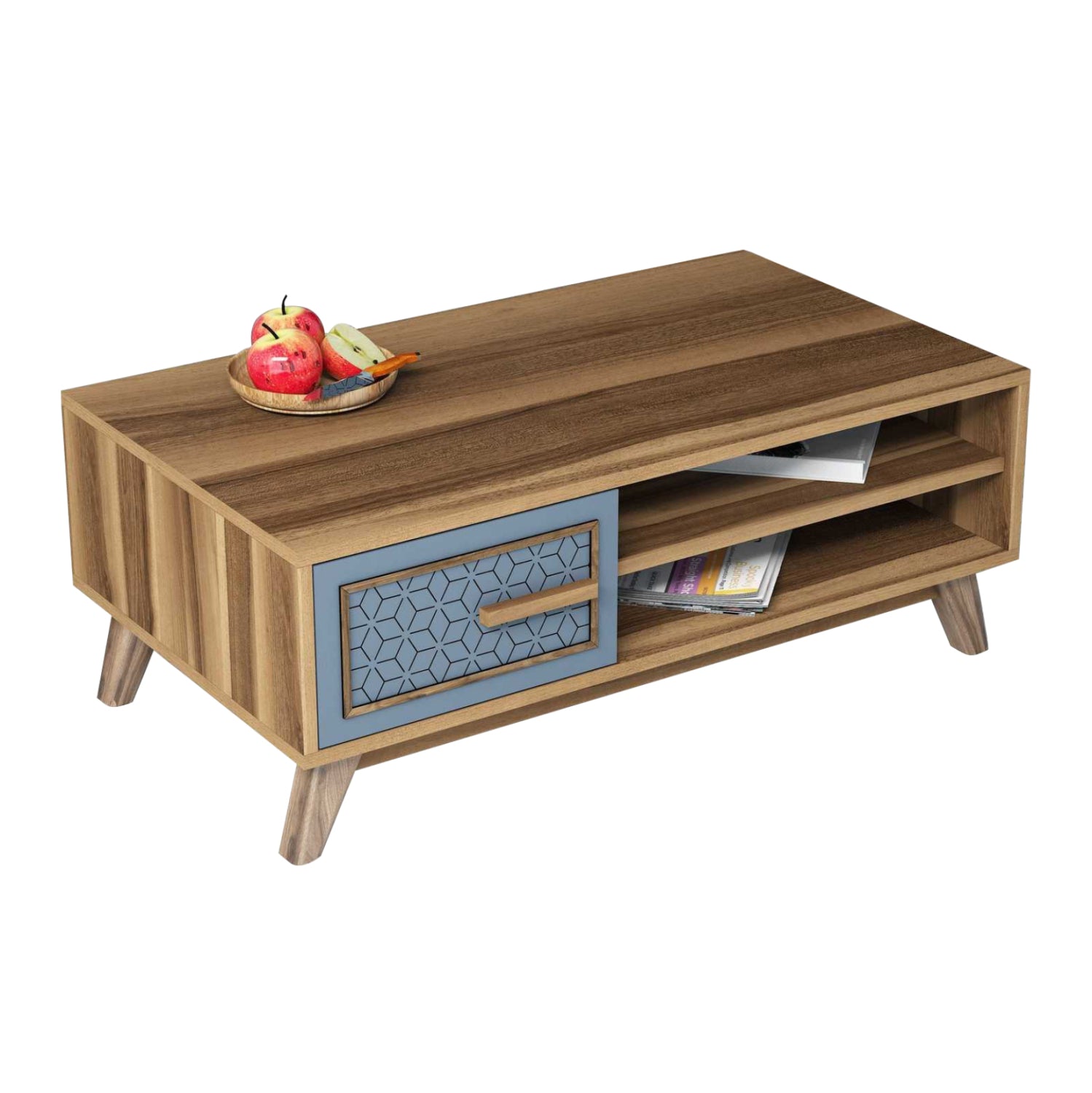 COFFEE TABLE MELAMINE IN WALNUT COLOR WITH BLUE CABINET DOOR HM9497.02 105x60x38,2Hcm. image 1