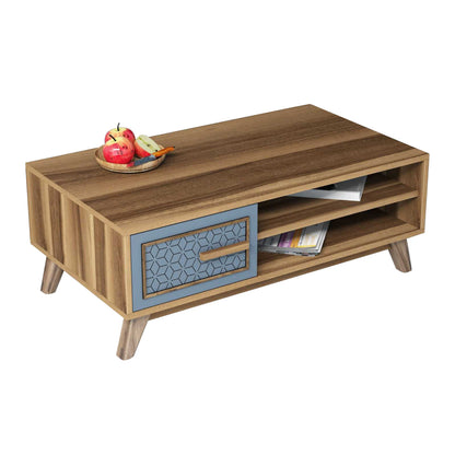 COFFEE TABLE MELAMINE IN WALNUT COLOR WITH BLUE CABINET DOOR HM9497.02 105x60x38,2Hcm. image 1