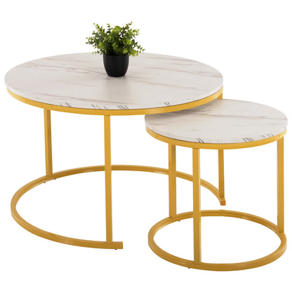 COFFEE TABLE 2PCS SET MDF WHITE MARBLE GOLD METAL LEGS Φ80x48cm.HM8763.11 image 1