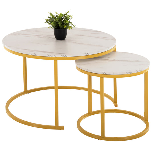 COFFEE TABLE 2PCS SET MDF WHITE MARBLE GOLD METAL LEGS Φ80x48cm.HM8763.11 image 1