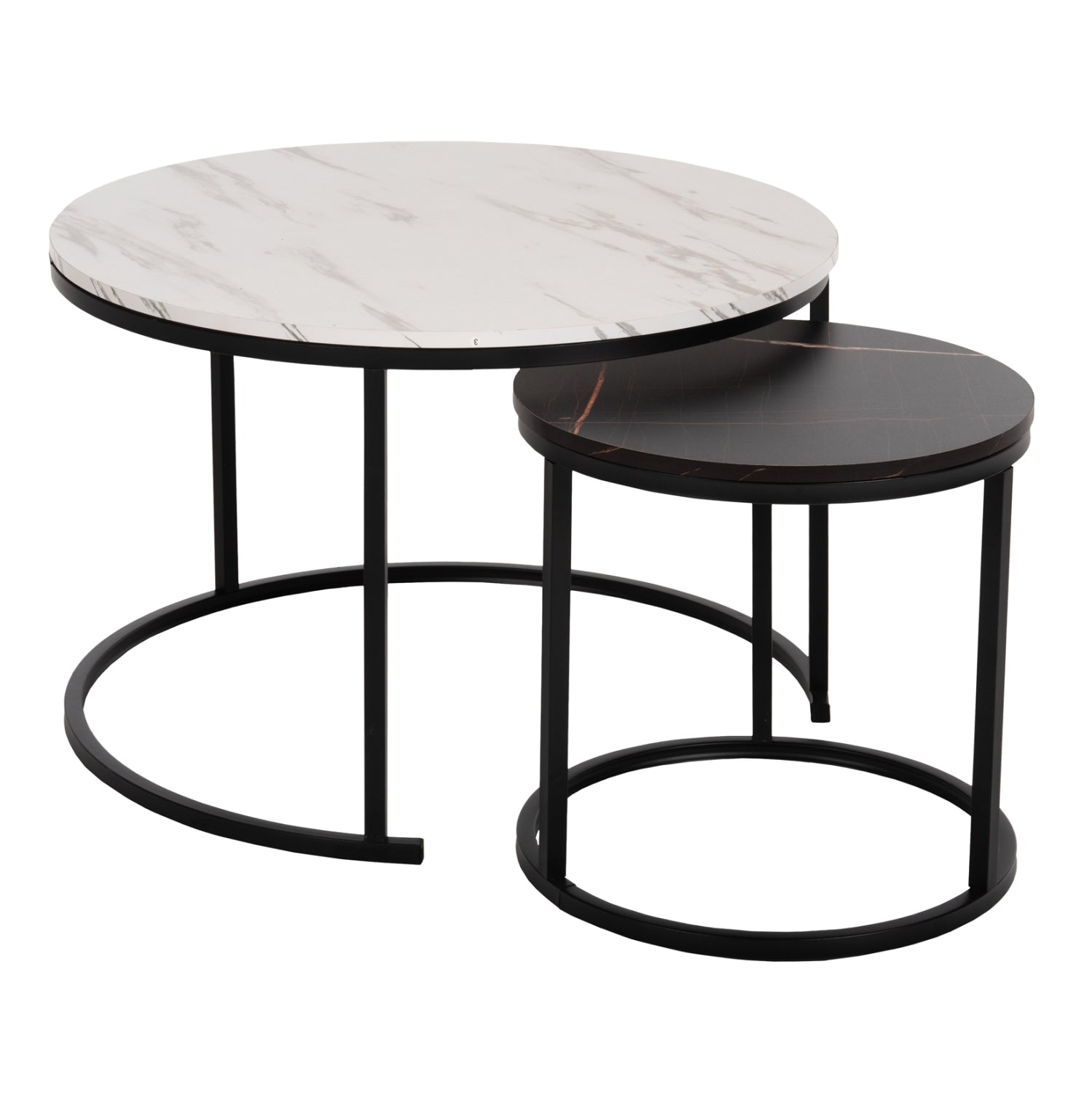 COFFEE TABLE HM8763.14 2PCS SET MDF IN MARBLE LOOK MIX COLOR WITH BLACK LEGS Φ80-Φ48cm image 1