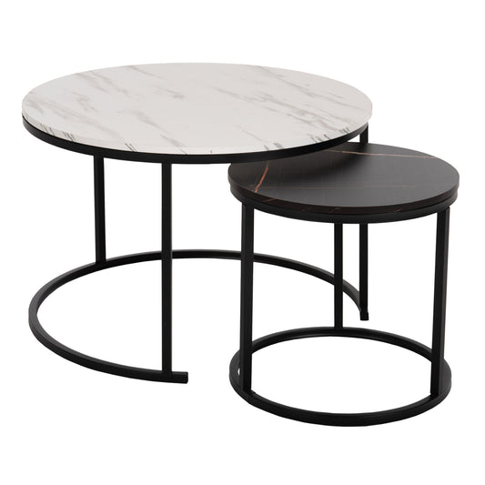 COFFEE TABLE HM8763.14 2PCS SET MDF IN MARBLE LOOK MIX COLOR WITH BLACK LEGS Φ80-Φ48cm image 1