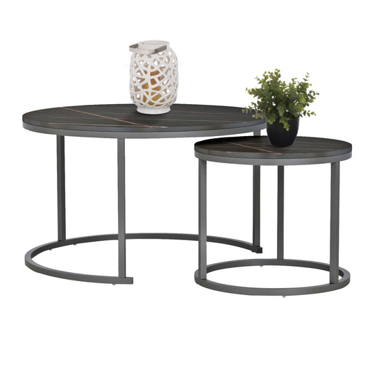 COFFEE TABLES SET 2PCS MDF BLACK MARBLE LOOK BLACK METALLIC LEGS Φ80x48cm.HM8763.13 image 1