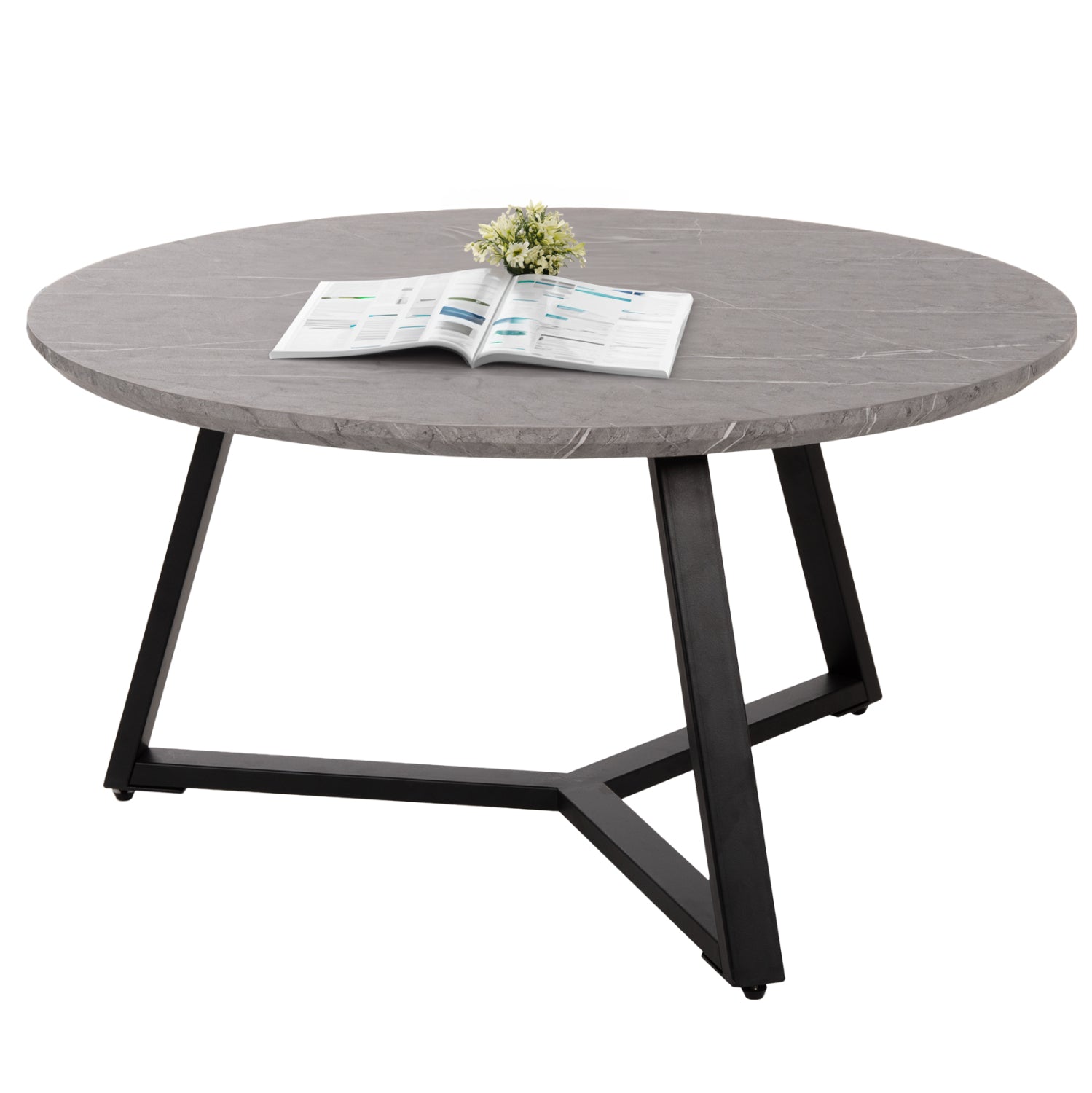 COFFEE TABLE ROUND HM9586.02 MDF GREY MARBLE-BLACK TEXTURED METAL BASE Φ80x42Hcm. image 1