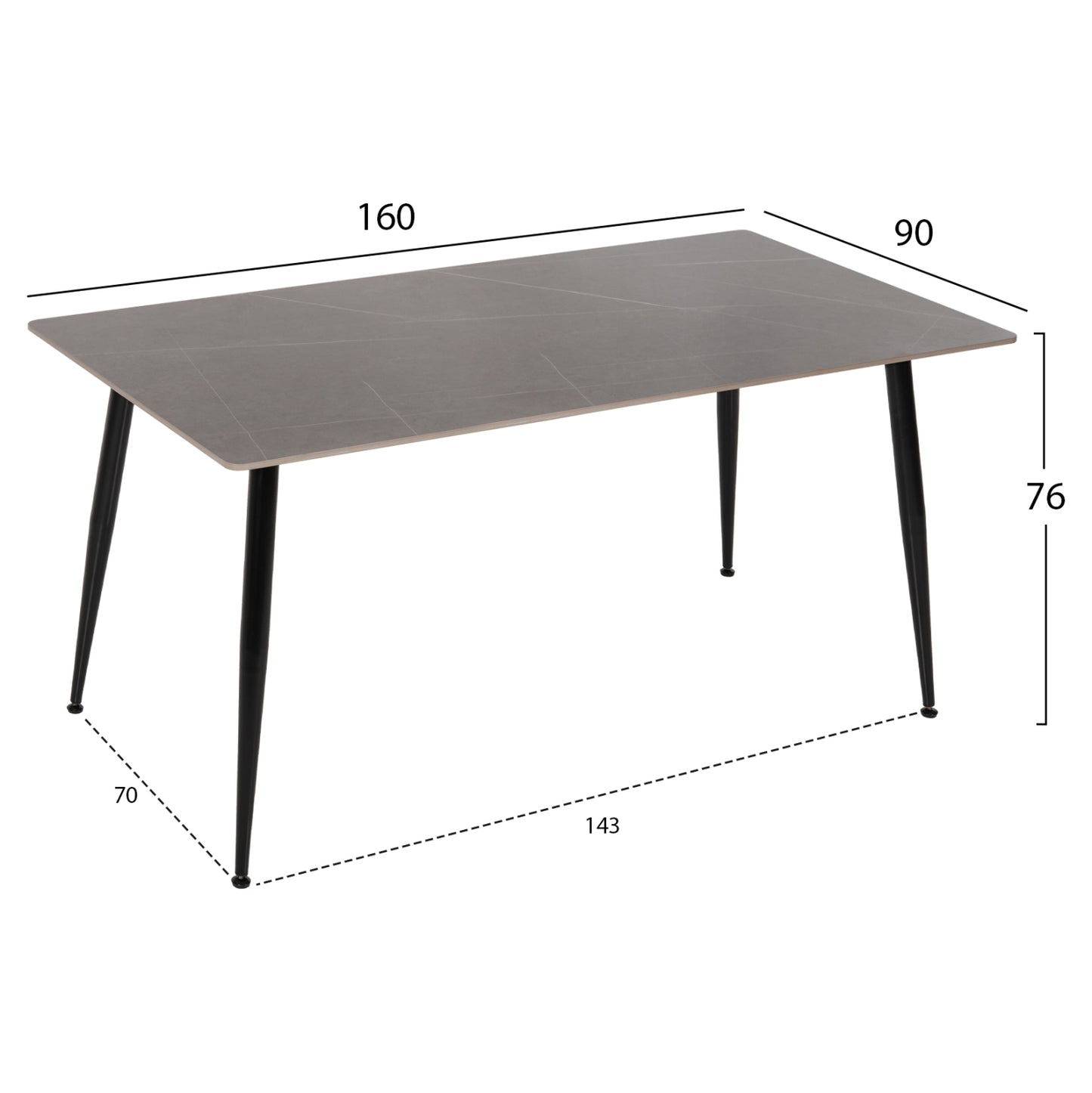 Трапезна Маса Том с Грей Мраморен Върх и Черни Ноги 160x90x76Hcm